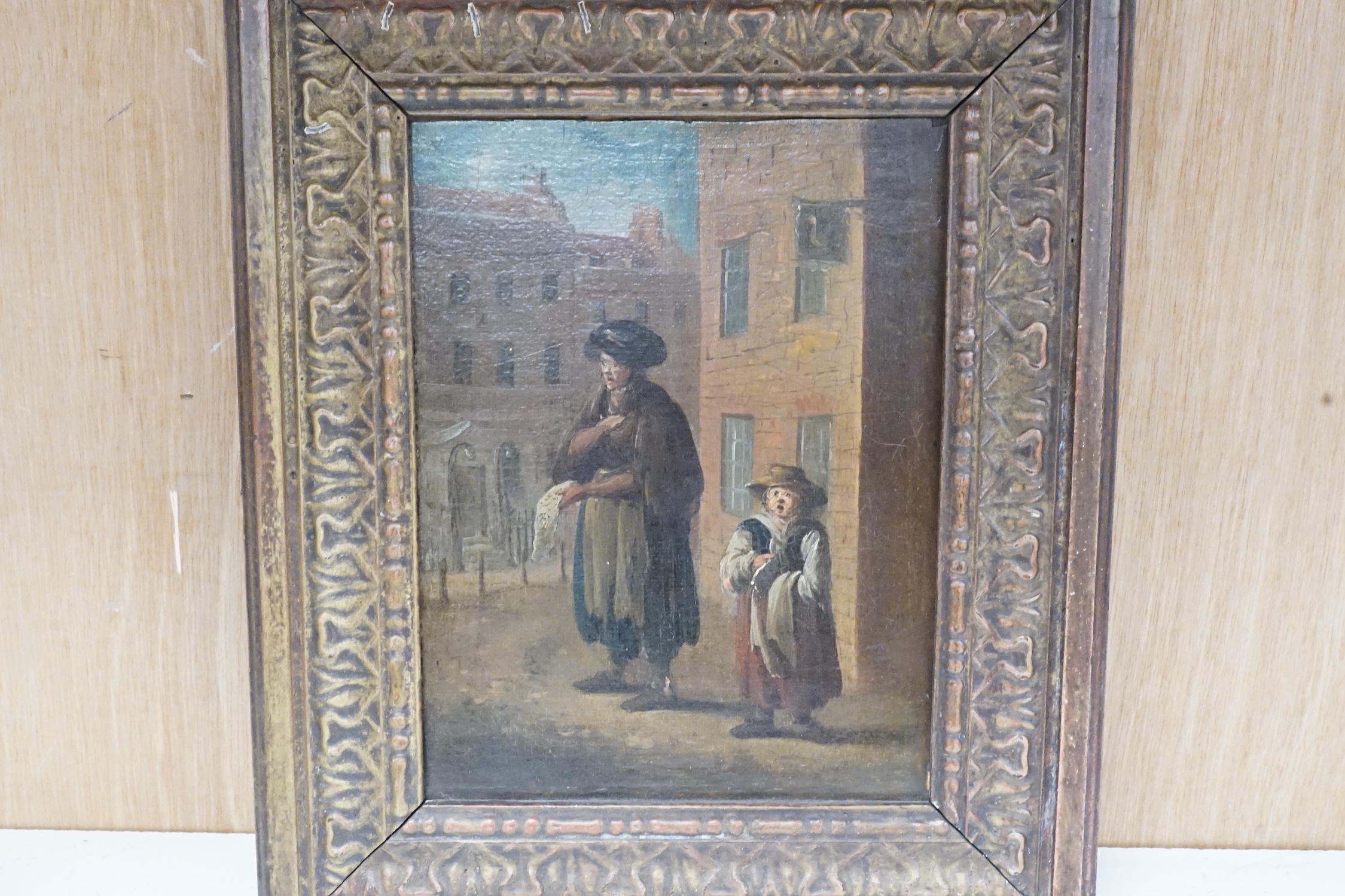 18th century English School, oil on canvas, ‘’Street vendors, one selling lace’’, 18 x 13cms.